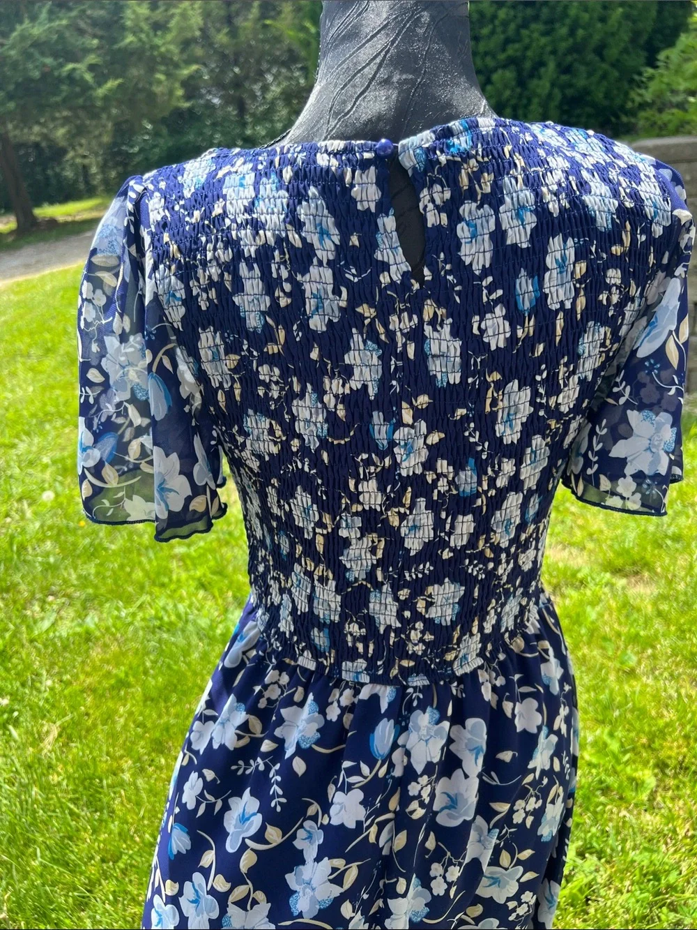 Navy Blue Floral Maxi Dress with Smocked Waist - Picture 4 of 4